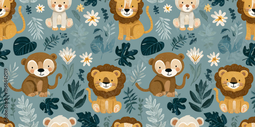Seamless pattern, adorable monkey design for children and babies.