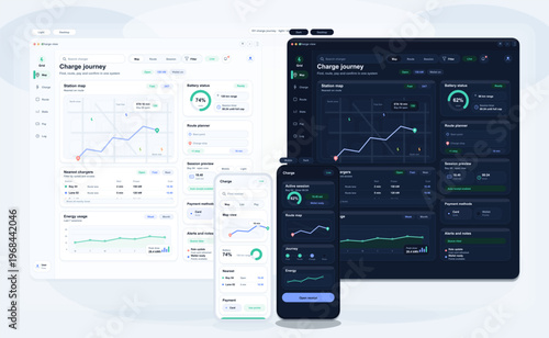 A comprehensive user interface design for an electric vehicle charging application, featuring desktop and mobile versions in light and dark modes with maps, graphs, and battery status.