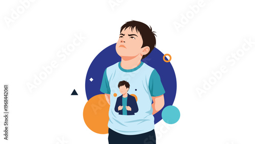 Grumpy young boy stands with his hands behind his back wearing a shirt that features a self-portrait illustration against a colorful background.