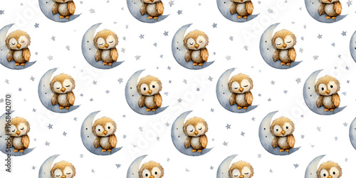Seamless pattern of an owl sitting on a crescent moon for children and babies.