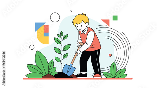 Diligent boy using a blue shovel to plant a small green sapling in the dark soil as part of a gardening activity or environmental project.