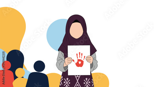 Woman wearing a purple hijab and grey dress holds up a white paper featuring a red handprint symbol as a form of protest or awareness.