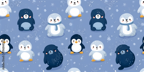 Cute Penguin and Seal Seamless Pattern Winter Kids Fabric
