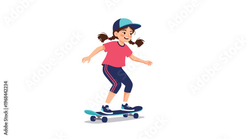 Energetic young girl with pigtails and a blue cap rides a skateboard with confidence against a clean white background during a sunny day.