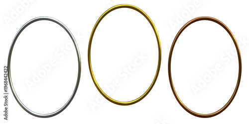 Set of 3 outline metallic oval frame rings in gold silver and bronze for award medals on transparent background