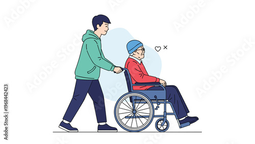 Kind young man pushes an elderly man in a blue beanie sitting in a wheelchair as they spend time together in a supportive and caring way.