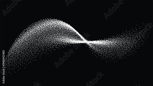 Dynamic white particle wave twists and turns against a black backdrop illustrating a complex digital data stream or a fluid energetic motion.
