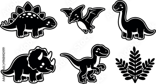 Black and white dinosaur line art vector with stegosaurus triceratops and pterodactyl set