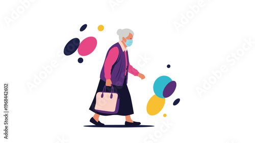 Senior woman wearing a protective blue face mask and a purple vest walks while carrying a white handbag against a background of colorful shapes.