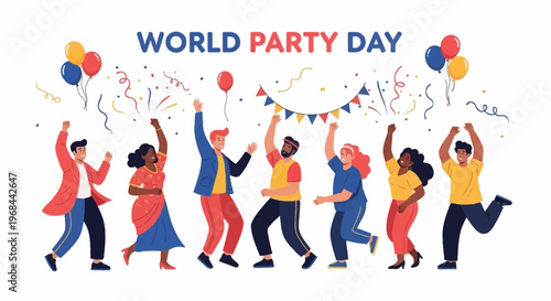 A diverse group of vector characters celebrates World Party Day, joyfully dancing with raised arms amidst colorful confetti and balloons against a clean white background in a festive