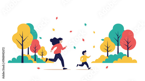Mother and her young son run happily through a park filled with colorful autumn trees while leaves fall around them during a brisk day.