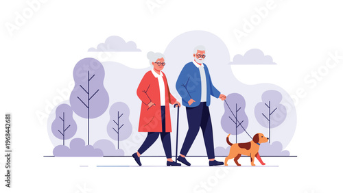 Elderly couple walks together through a serene park with purple trees while the man leads a small brown and white dog on a leash.