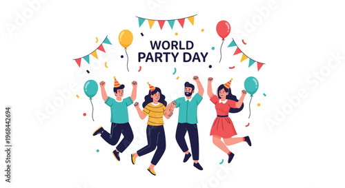 A vector illustration depicts a group of festive characters joyfully celebrating World Party Day with colorful decorations and party hats against a clean white background