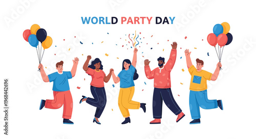 A colorful vector illustration commemorates World Party Day, depicting a cheerful group of people holding balloons and raising their arms in celebration against a white background filled