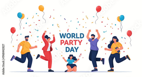 Illustrated vector art featuring diverse characters joyfully celebrating World Party Day under a shower of confetti and balloons against a clean white background, conveying a festive event