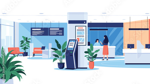 Modern bank or office interior features a digital kiosk, reception desk with staff, comfortable seating areas, and decorative indoor plants.