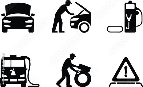 Automotive service and maintenance icons set with tow truck with gas station with auto shop with vehicle repair with car maintenance with engine repair with tire change with roadside assistance