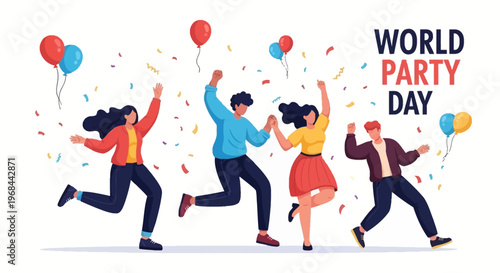 Joyful vector illustration of diverse characters celebrating World Party Day by dancing and jumping amidst falling confetti against a clean white background, radiating a festive