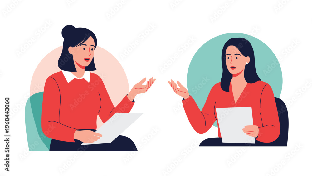 Fototapeta premium Two professional women in red shirts sit together and have an active discussion while holding documents in a modern office or meeting room.