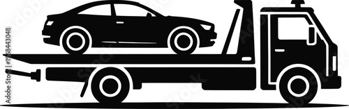 Black silhouette of a flatbed tow truck carrying a car with black and white with auto transport with utility vehicle with wheel lift