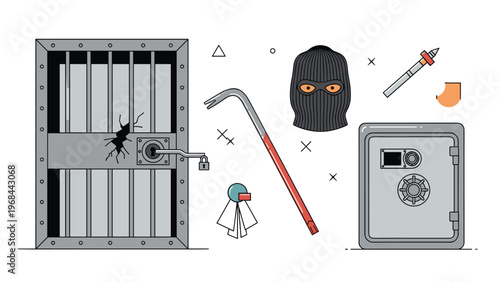 Assortment of burglary items including a black mask, crowbar, drill, and a broken jail cell door next to a locked silver metal safe.