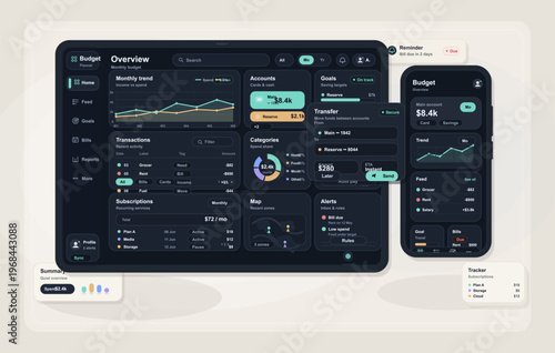A digital personal finance dashboard displayed on a tablet and smartphone featuring dark mode user interface with various charts, graphs, and transaction lists for budget tracking.