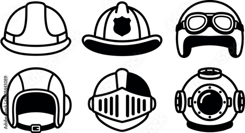 Black and white line art helmets including fireman knight and diving helmet