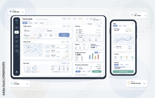 A digital travel booking interface displayed on a tablet and smartphone screen featuring flight search, hotel options, seat maps, and itinerary details in a clean modern design.