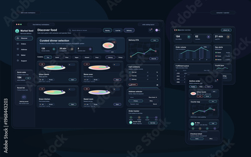 A dark mode user interface design for a food delivery marketplace featuring a desktop dashboard, mobile application view, and operator overview with analytics and tracking maps.