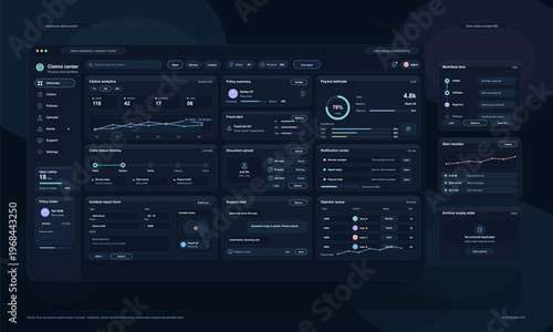 A dark mode insurance claims portal dashboard featuring data analytics, policy summaries, and workflow management tools with sleek charts and a modern user interface design.