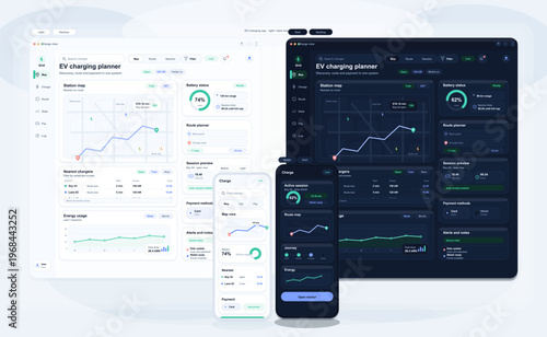 User interface design for an electric vehicle charging planner app showing desktop and mobile screens in light and dark modes with maps, battery levels, and energy usage charts.