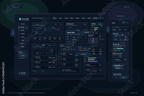 A modern dark mode dashboard for restaurant management featuring a seating plan, guest waitlist, and a mobile app interface for reservations in a vector illustration style.