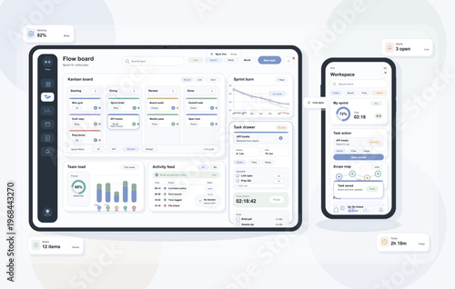 A modern project management dashboard interface displayed on a tablet and smartphone, featuring a kanban board, sprint charts, team load graphs, and task tracking tools for productivity.
