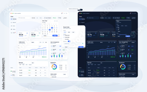 Modern admin analytics dashboard interface shown in light and dark mode versions, featuring data visualization charts, tables, user management, and interactive UI elements for SaaS.