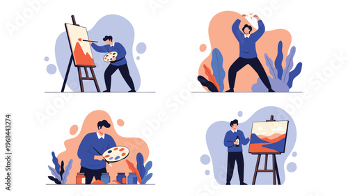 Collection of four illustrations depicting a male artist engaged in different stages of painting a colorful mountain landscape on a canvas.