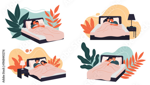 Set of four illustrations showing different couples sleeping comfortably in bed together under blankets in various peaceful night scenes.