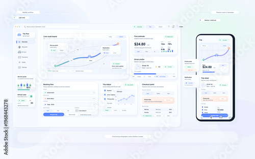 Modern user interface concept for a transportation management system showing a desktop dashboard and mobile app with route maps, driver profiles, and booking flows in light mode.