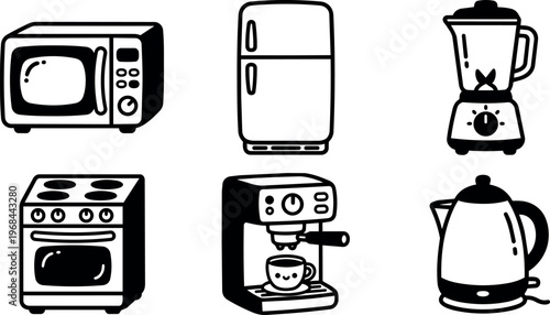 Black and white line art kitchen appliances microwave refrigerator blender stove espresso coffee maker kettle