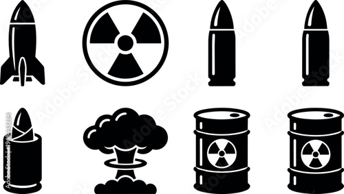 Black and white icons of rocket missile bullet nuclear explosion and radioactive barrels