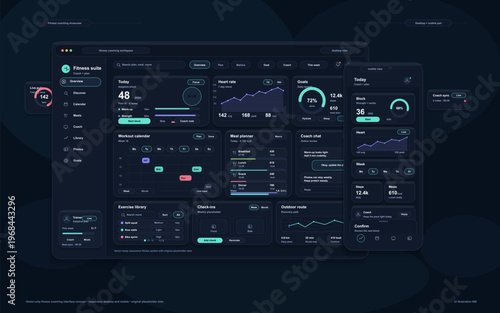 A modern fitness coaching dashboard interface featuring a dark mode design with desktop and mobile views, displaying workout calendars, heart rate charts, and meal planning metrics.