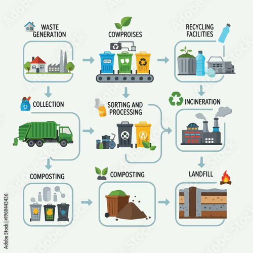 Colorful diagram illustrating the waste management and recycling process