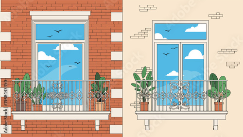 Two different views of a classic balcony with a white railing and potted plants overlooking a bright blue sky with clouds and birds.