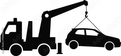 Illustration of a tow truck lifting a car for transport with black and white with vehicle maintenance