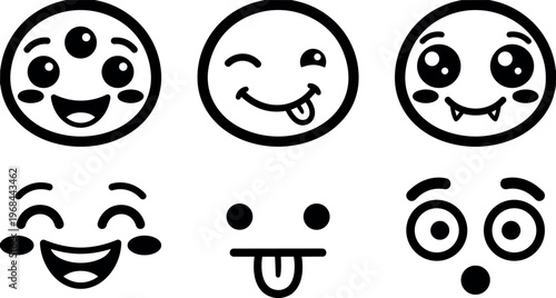 Black and white line art playful faces with different expressions vector set