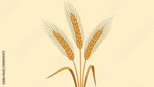 Three golden stalks of ripe wheat stand against a light cream background representing a bountiful harvest and natural agricultural products.