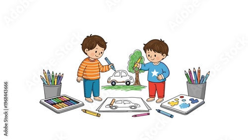 Two young friends sit together happily drawing cars and trees using various colorful pencils, crayons, and paint palettes.
