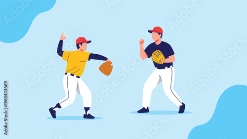 Baseball players engage in practice on a bright blue background with one pitcher throwing and the catcher ready to receive.