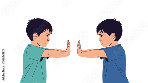 Two young boys stand face to face and push against each other with their hands out in a show of conflict or playful competition.