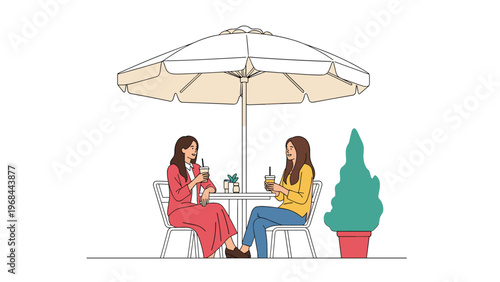 Two female friends enjoy a pleasant conversation while sitting at an outdoor cafe table under a large white sun umbrella.