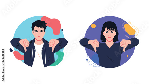 Man and woman show signs of disapproval and rejection by giving a double thumbs down gesture with angry facial expressions.